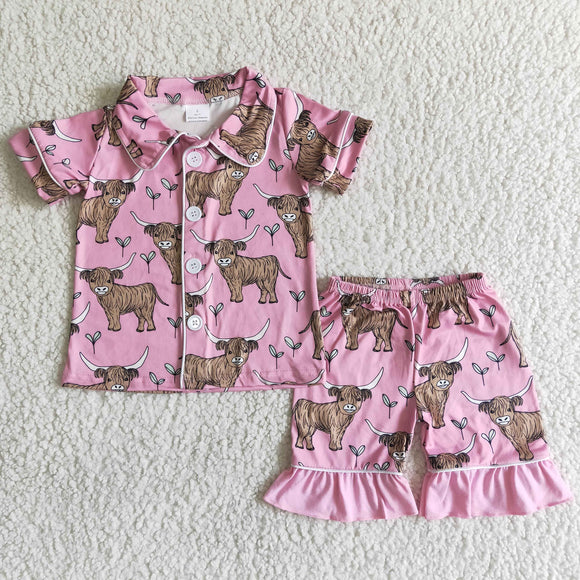 Cow Yak Pink Girls Short Sleeve Pajamas
