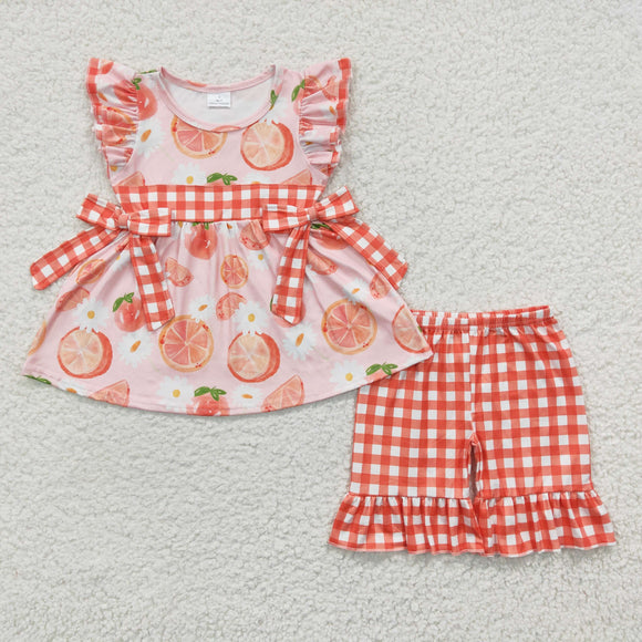 Floral Orange Plaid Bows Pink Girls Shorts Sets