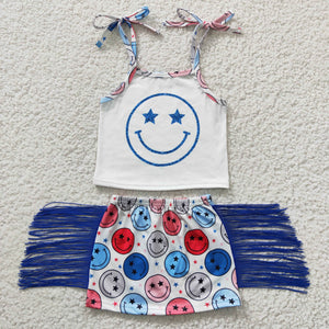 Stars Smile Blue Tassels Skirts Girls 4th of July Outfits