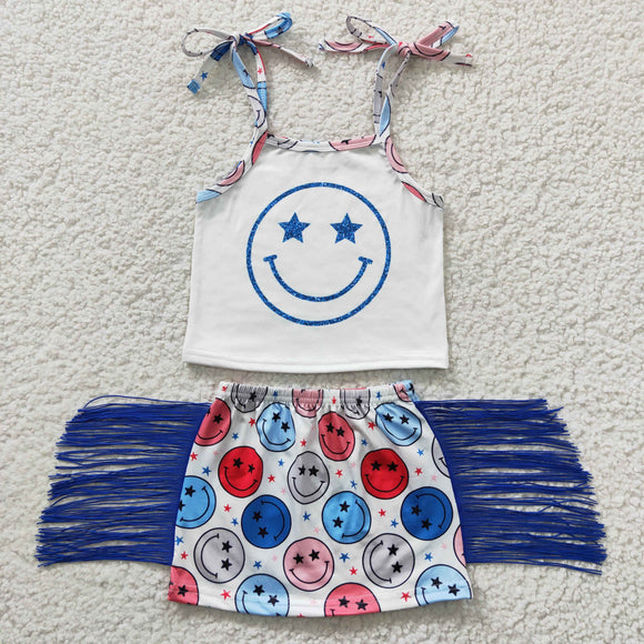 Stars Smile Blue Tassels Skirts Girls 4th of July Outfits