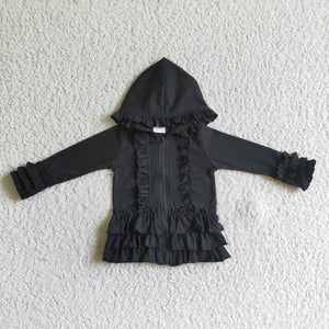 Solid Black Ruffle Girls Hoodie Top
