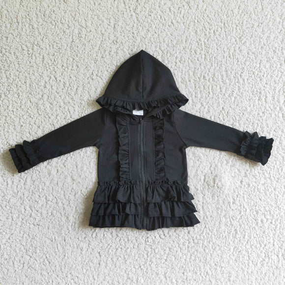 Solid Black Ruffle Girls Hoodie Top