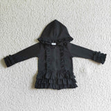 Solid Black Ruffle Girls Hoodie Top