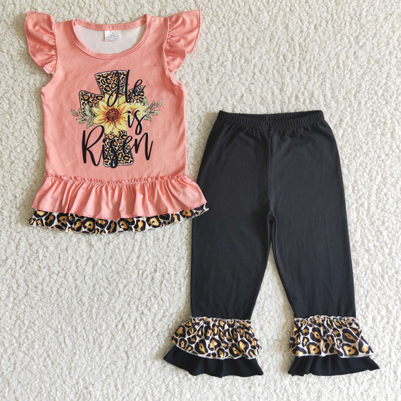 Promotional He is Risen Floral Cross Leopard Print Girls Easter Outfits