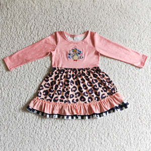 Bow Turkey Embroidery Leopard Print Pink Girls Thanksgiving Dress