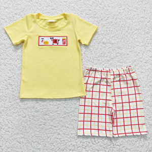Cartoon Cow Snack Food Plaid Yellow Boys Shorts Sets