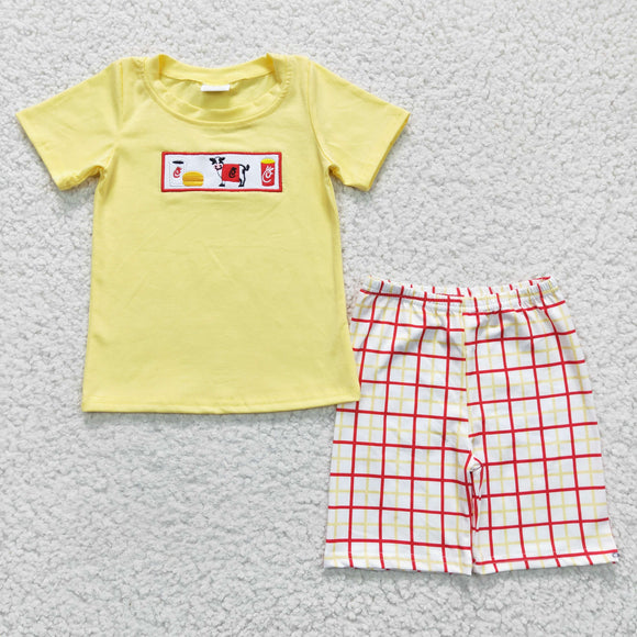Cartoon Cow Snack Food Plaid Yellow Boys Shorts Sets