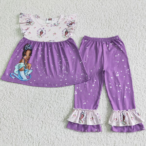 Cartoon Princess Purple Girls Short Sleeve+Trousers Sets
