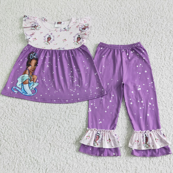 Cartoon Princess Purple Girls Short Sleeve+Trousers Sets
