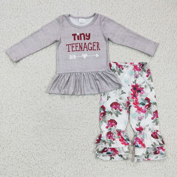 Promotional Letters Floral Gray Girls Long Sleeve+Trousers Sets