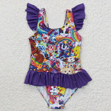 Cartoon Tiger Leopard Print Purple Girls Swimsuits