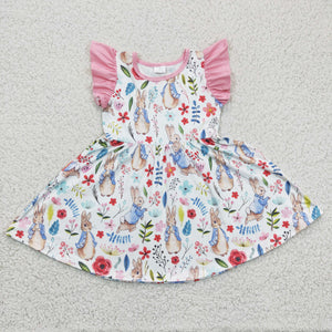 Bunny Floral Pink White Girls Easter Dress