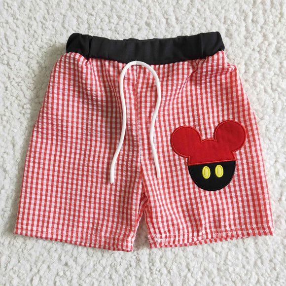 Red Plaid Embroidery Boys Swimming Trunks