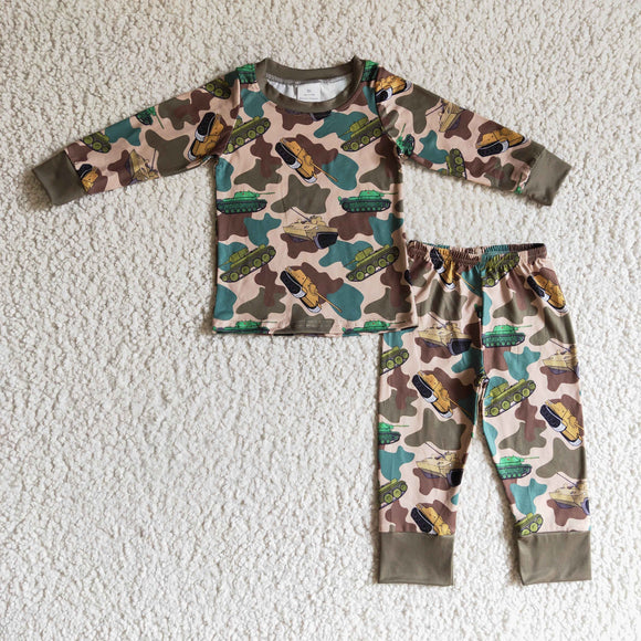 Cartoon Tanks Camo Green Boys Long Sleeve Pajamas