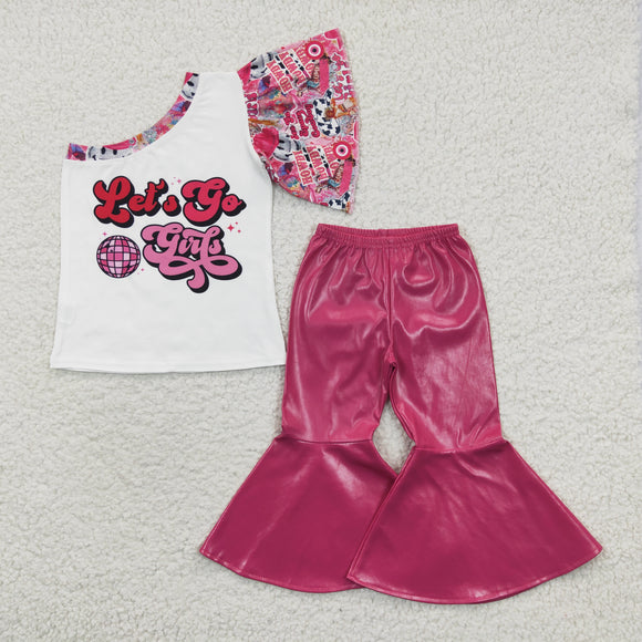 Let's go girls One Shoulder Hot Pink Leather Girls Short Sleeve+Trousers Sets