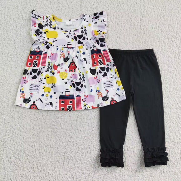 Promotional Farm Animals Red House Girls Short Sleeve+Trousers Sets