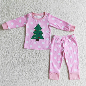 Promotional Tree Embroidery Pink Girls Christmas Pajamas