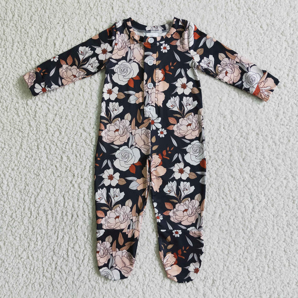 Promotional Floral Black Buttons Girls Fall Romper