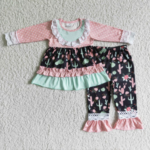 Promotional Floral Lace Cactus Pink Girls Long Sleeve+Trousers Sets