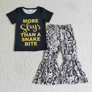 Promotional Golden Letter Snake Print Girls Short Sleeve+Trousers Sets