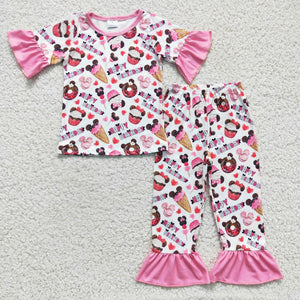 Cartoon Snack Happy Birthday Pink Girls Short Sleeve Pajamas