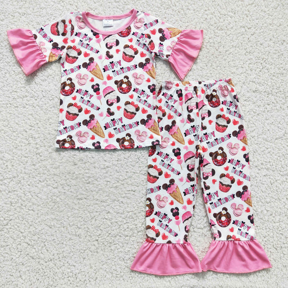 Cartoon Snack Happy Birthday Pink Girls Short Sleeve Pajamas