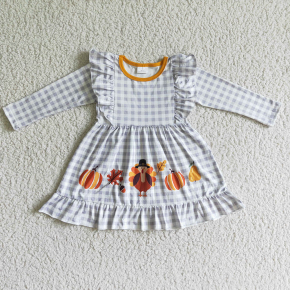 Promotional Turkey Gray Plaid Ruffles Girls Thanksgiving Dress