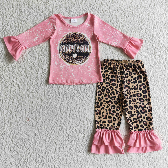 Promotional Daddy's Girl Letters Leopard Print Pink Girls Long Sleeve+Trousers Sets