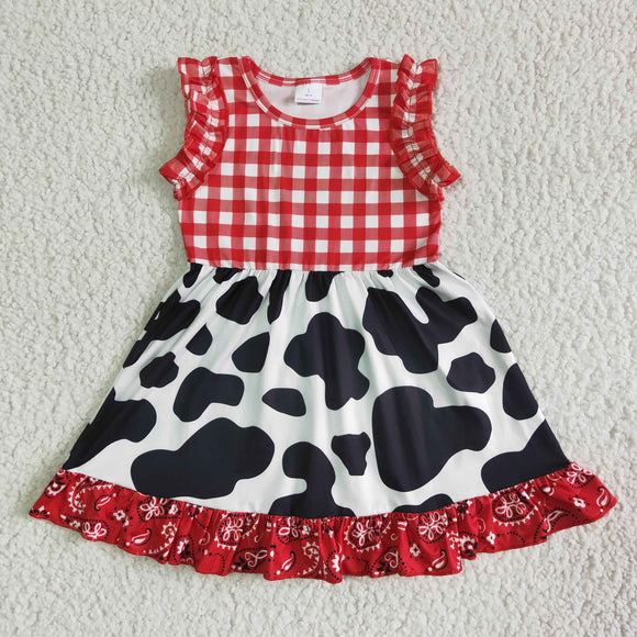 Promotional Cow Print Red Plaid Girls Sleeveless Dress