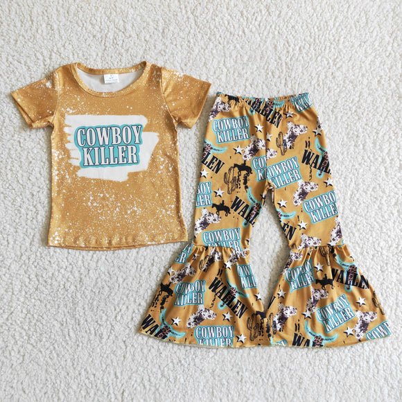 Promotional Cowboy Killer Yellow Girls Short Sleeve+Trousers Sets