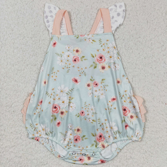 Floral Bluish Polka Dots Girls Summer Romper