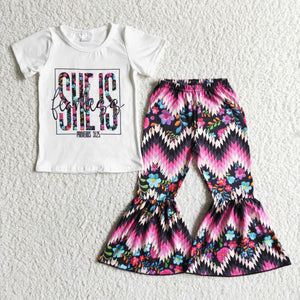Promotional She Is Fearless Floral Girls Short Sleeve+Trousers Sets