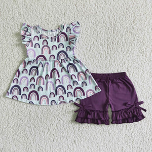 Purple Bow Rainbow Girls Shorts Sets