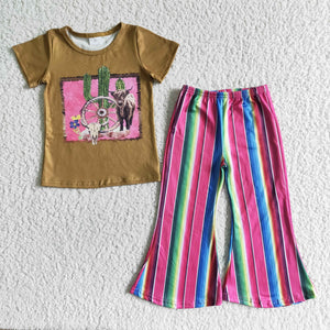 Promotional Cactus Highland Cow Stripes Girls Short Sleeve+Trousers Sets