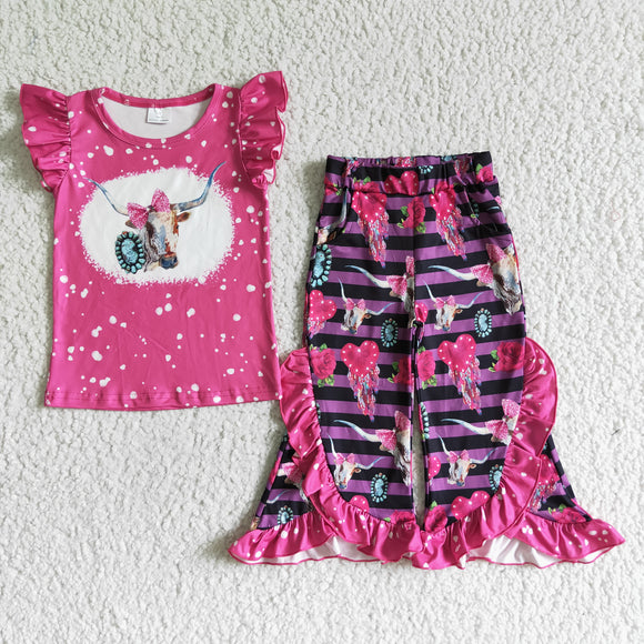 Cow Floral Hot Pink Girls Short Sleeve+Trousers Sets