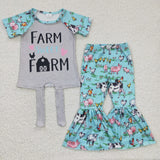 Promotional Farm Gray Blue Girls Short Sleeve+Trousers Sets