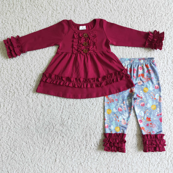 Promotional Floral Legging Wine Red Girls Long Sleeve+Trousers Sets