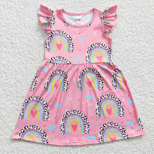 Rainbow Pink Girls Flutter Sleeve Dress
