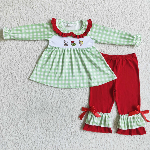 Cartoon Embroidery Red Green Plaid Girls Christmas Outfits