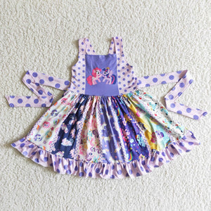 Promotional Cartoon Horse Purple Girls Patchwork Dress