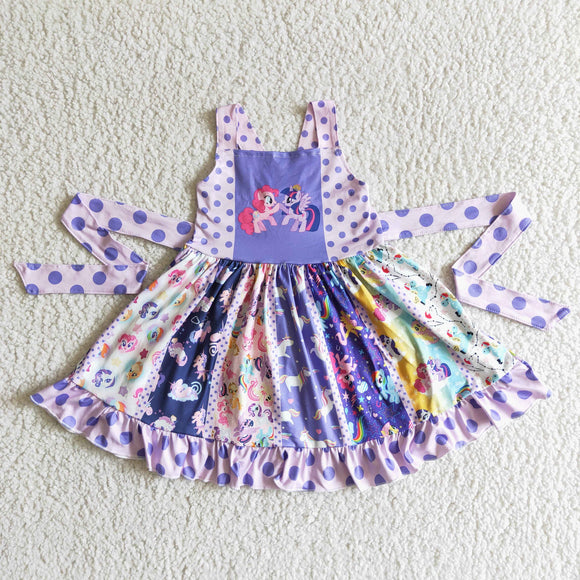 Promotional Cartoon Horse Purple Girls Patchwork Dress