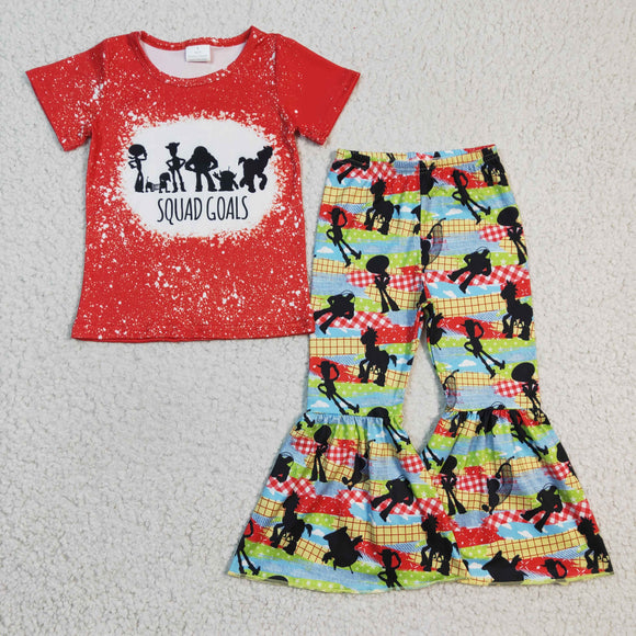 Cartoon Red Stripe Girls Short Sleeve+Trousers Sets