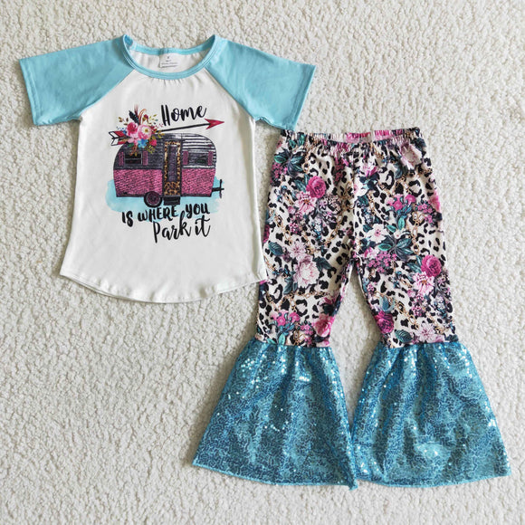 Promotional Home Floral Blue Sequin Girls Short Sleeve+Trousers Sets