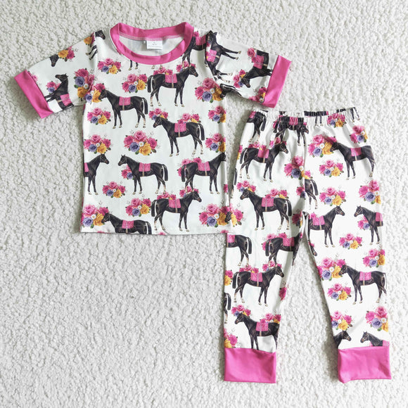 Floral Horse Girls Short Sleeve Pajamas