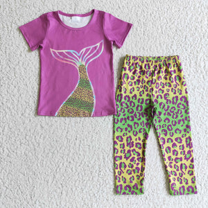 Mermaid Leopard Print Girls Short Sleeve+Trousers Sets