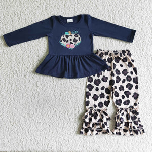 Pumpkin Floral Embroidery Leopard Print Navy Girls Long Sleeve+Trousers Sets