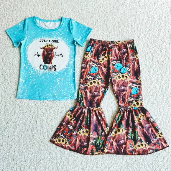 Promotional Loves Cows Blue Girls Short Sleeve+Trousers Sets