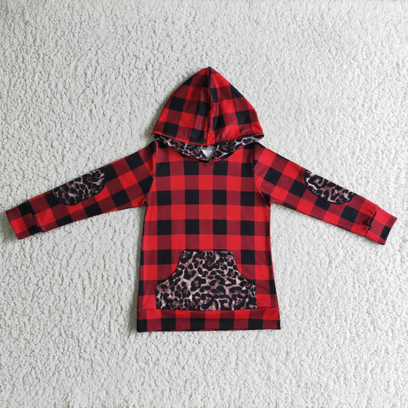 Red Black Plaid Leopard Print Pocket Kids Hoodie Christmas Top