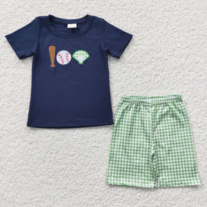 Baseball Green Plaid Navy Boys Shorts Sets