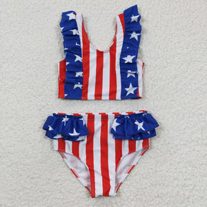 Stars Red White Stripe Ruffles Girls 4th of July Swimsuits